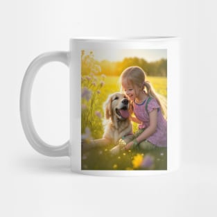 child hanging out with a dog. Mug